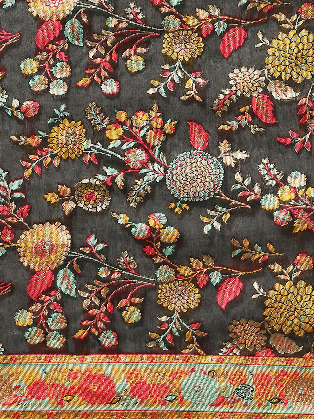 Black Cotton Blend Woven Thread Floral Saree with Unstitched Blouse - Hiral Fashion