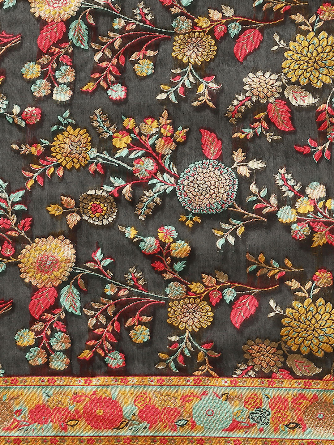 Black Cotton Blend Woven Thread Floral Saree with Unstitched Blouse - Hiral Fashion