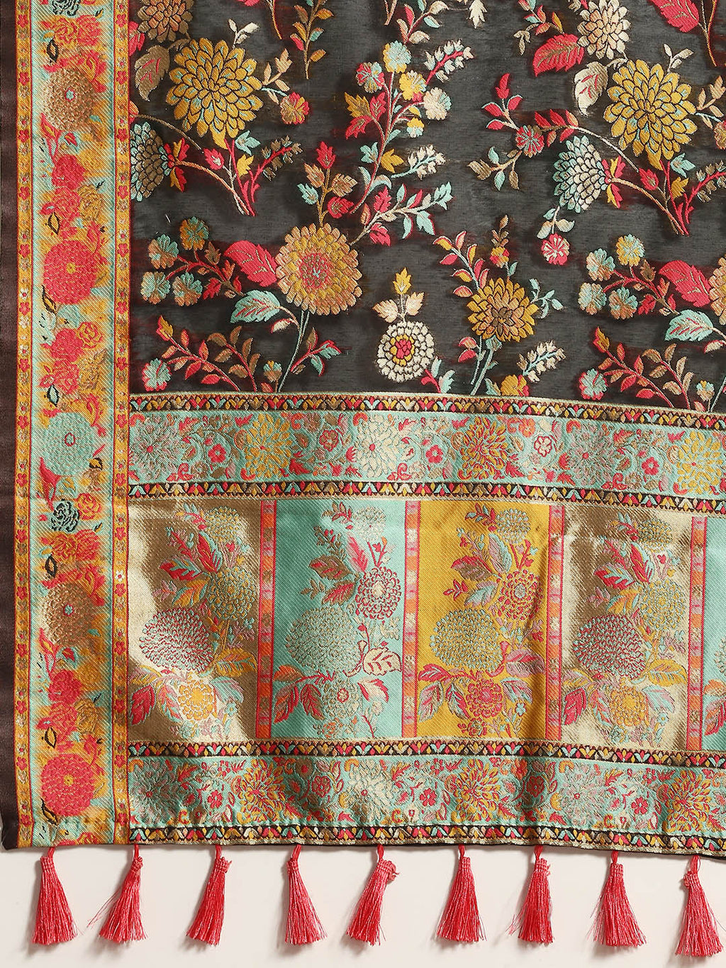 Black Cotton Blend Woven Thread Floral Saree with Unstitched Blouse - Hiral Fashion