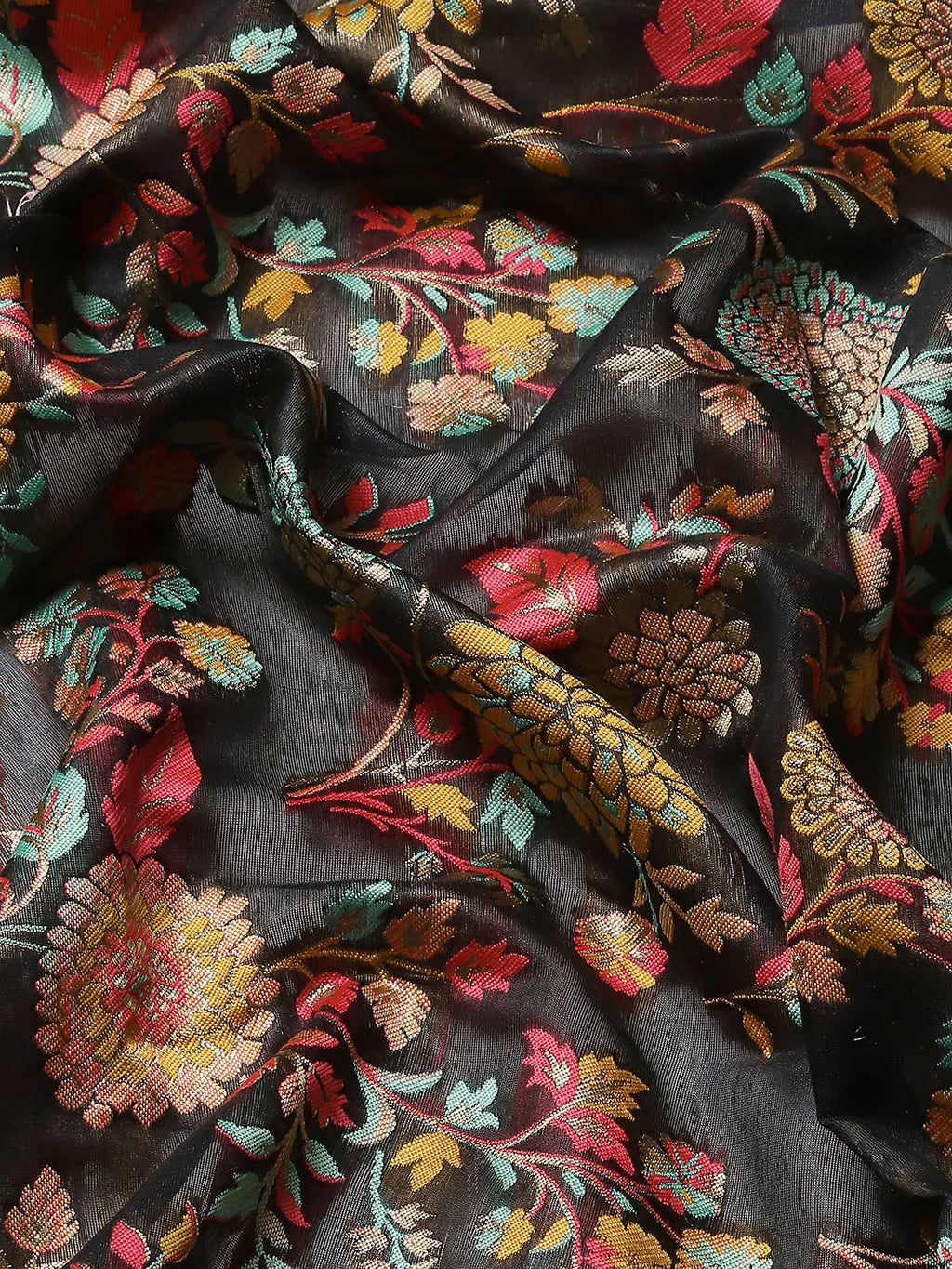Black Cotton Blend Woven Thread Floral Saree with Unstitched Blouse - Hiral Fashion