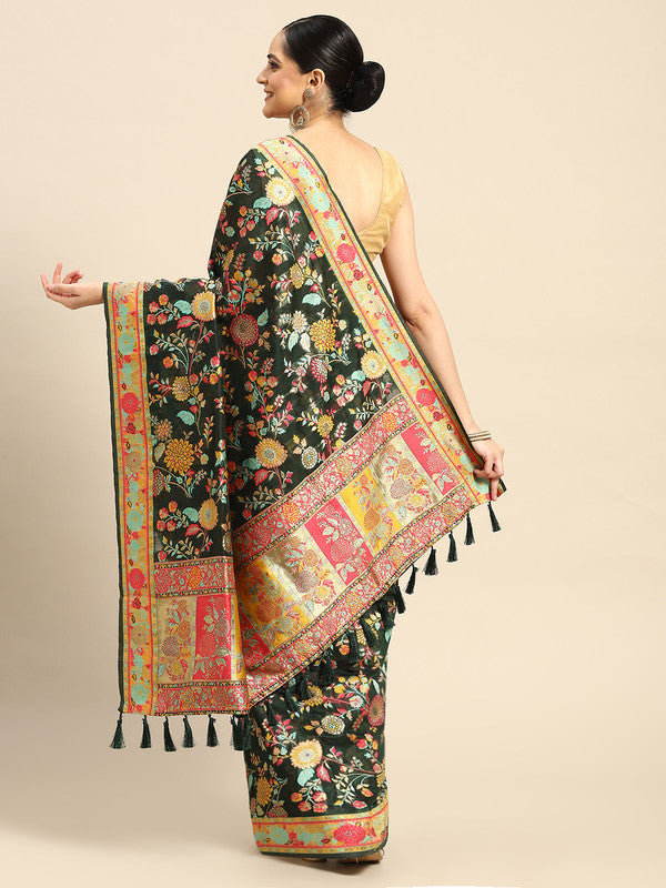 Green Cotton Blend Woven Thread Floral Saree with Unstitched Blouse - Hiral Fashion