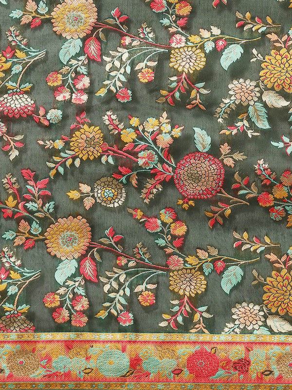 Green Cotton Blend Woven Thread Floral Saree with Unstitched Blouse - Hiral Fashion
