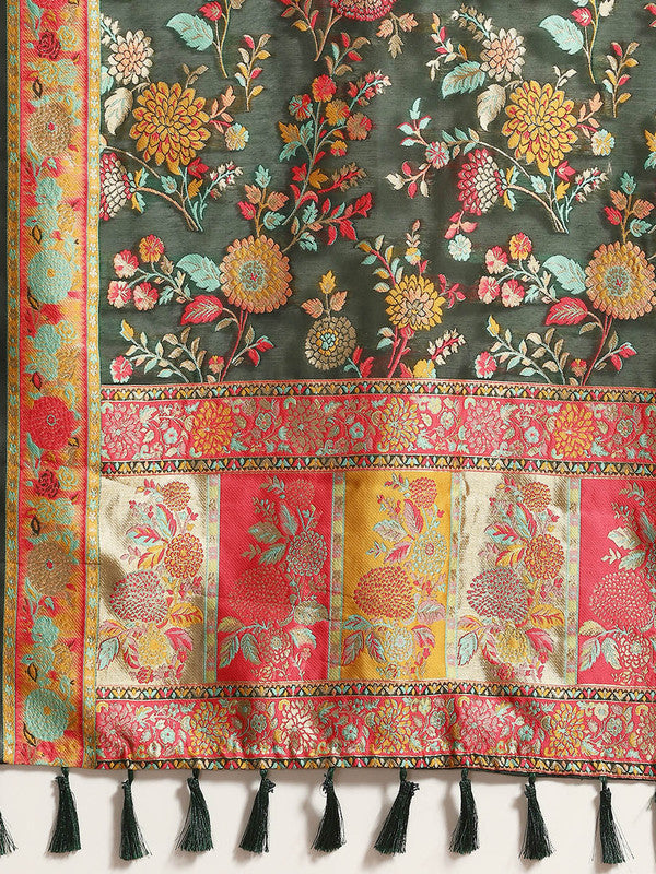 Green Cotton Blend Woven Thread Floral Saree with Unstitched Blouse - Hiral Fashion