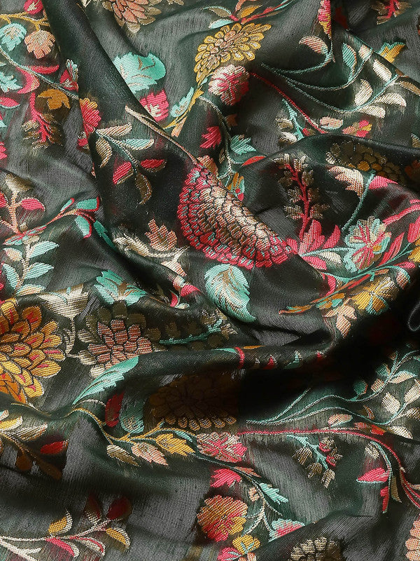 Green Cotton Blend Woven Thread Floral Saree with Unstitched Blouse - Hiral Fashion