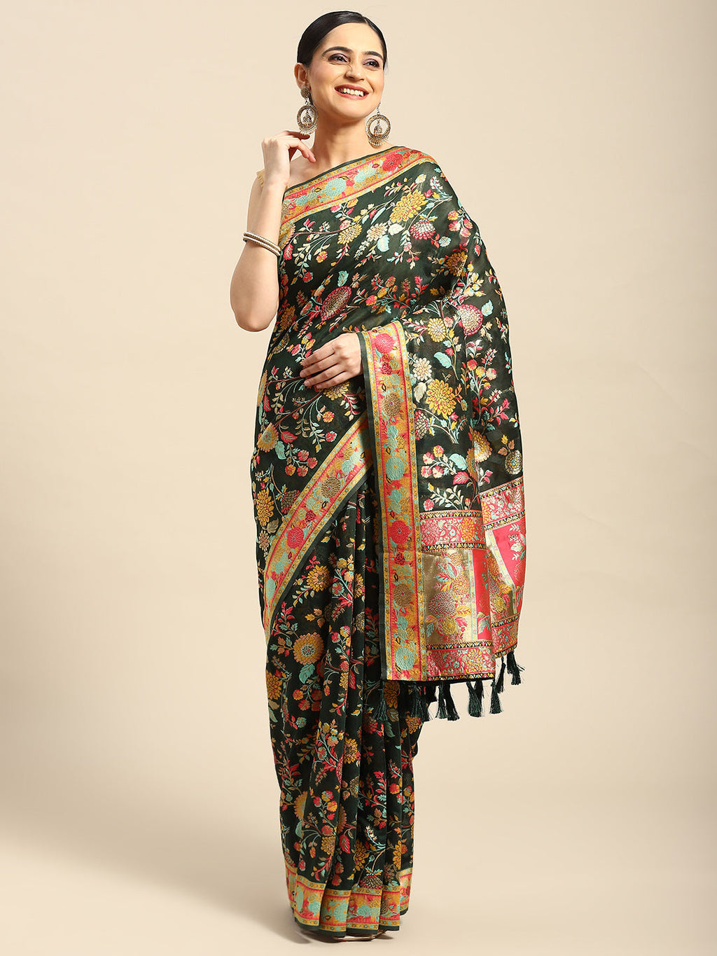 Green Cotton Blend Woven Thread Floral Saree with Unstitched Blouse - Hiral Fashion