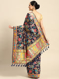 Navy Blue Cotton Blend Woven Thread Floral Saree with Unstitched Blouse - Hiral Fashion