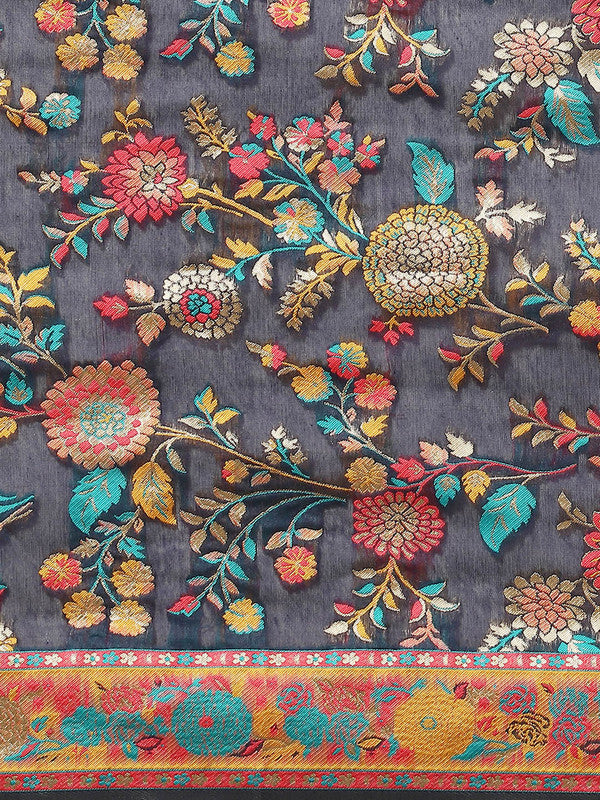 Navy Blue Cotton Blend Woven Thread Floral Saree with Unstitched Blouse - Hiral Fashion