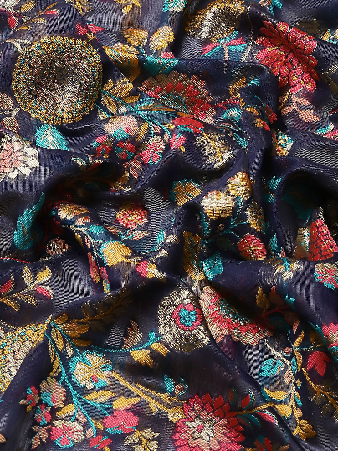 Navy Blue Cotton Blend Woven Thread Floral Saree with Unstitched Blouse - Hiral Fashion