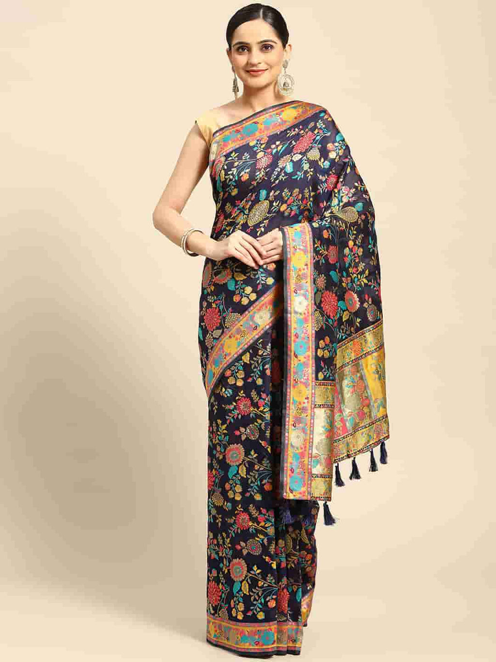 Navy Blue Cotton Blend Woven Thread Floral Saree with Unstitched Blouse - Hiral Fashion
