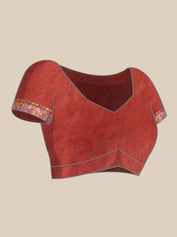 Red Cotton Blend Woven Thread Floral Saree with Unstitched Blouse - Hiral Fashion