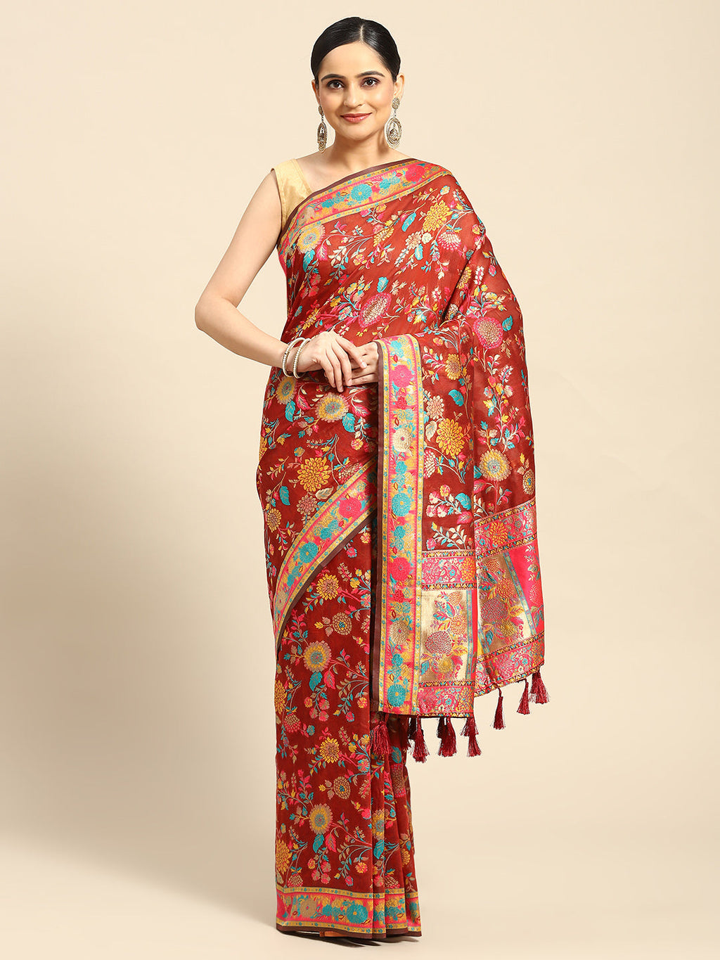 Red Cotton Blend Woven Thread Floral Saree with Unstitched Blouse - Hiral Fashion