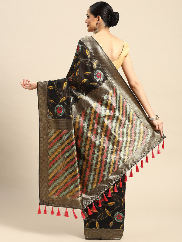 Black Cotton Blend Woven Thread Floral Saree with Unstitched Blouse - Hiral Fashion