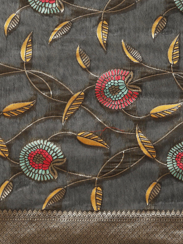Black Cotton Blend Woven Thread Floral Saree with Unstitched Blouse - Hiral Fashion