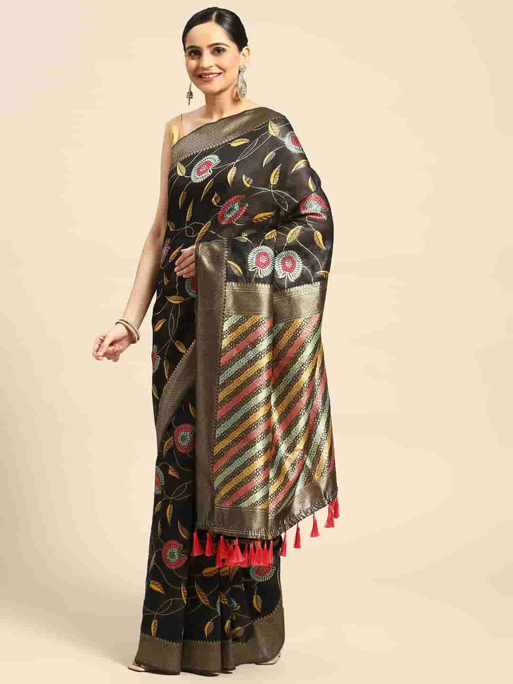 Black Cotton Blend Woven Thread Floral Saree with Unstitched Blouse - Hiral Fashion