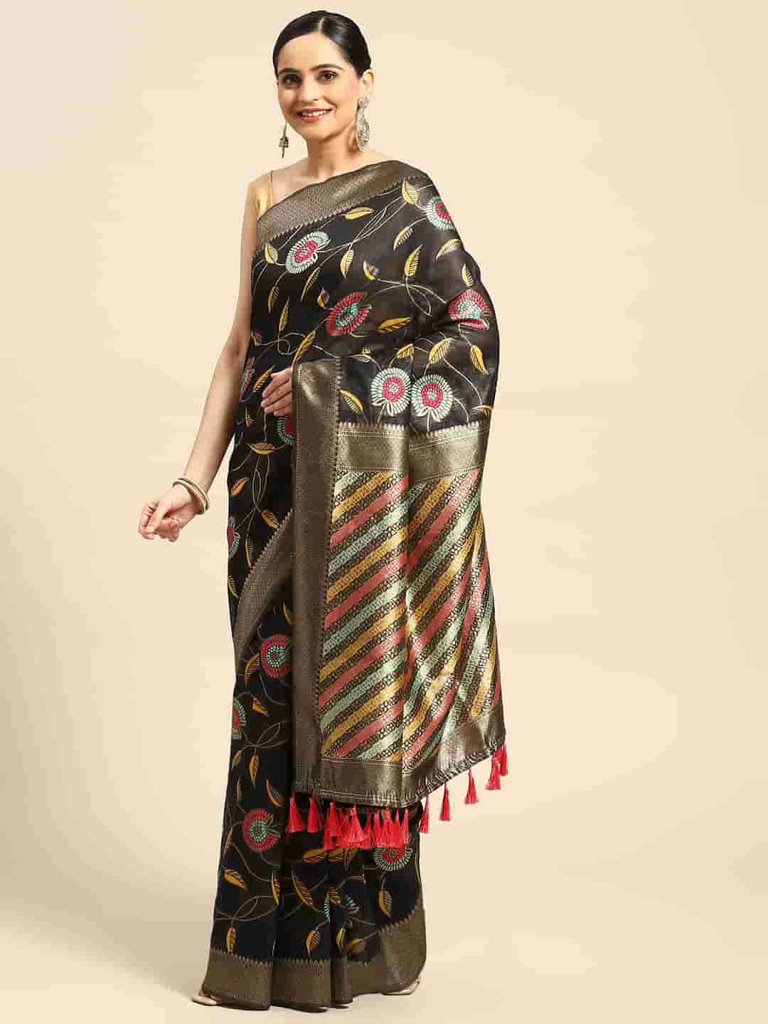 Black Cotton Blend Woven Thread Floral Saree with Unstitched Blouse - Hiral Fashion