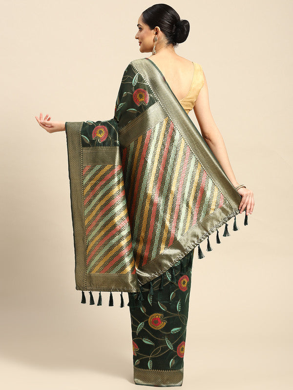 Green Cotton Blend Woven Thread Floral Saree with Unstitched Blouse - Hiral Fashion