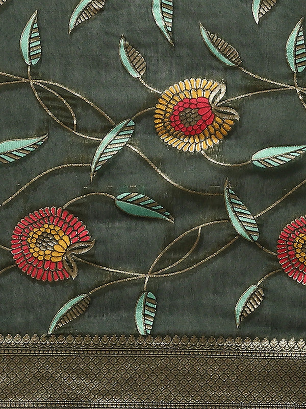Green Cotton Blend Woven Thread Floral Saree with Unstitched Blouse - Hiral Fashion