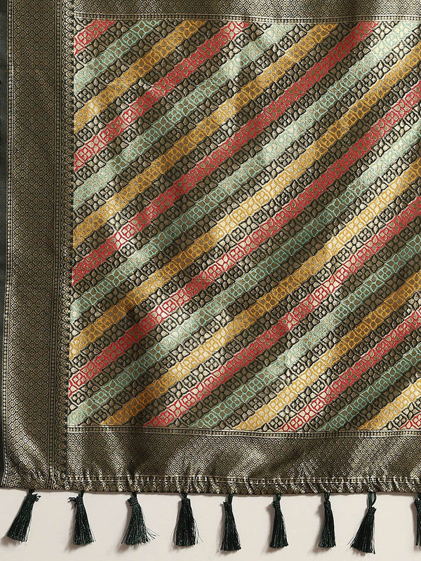 Green Cotton Blend Woven Thread Floral Saree with Unstitched Blouse - Hiral Fashion