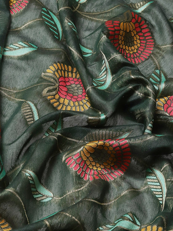 Green Cotton Blend Woven Thread Floral Saree with Unstitched Blouse - Hiral Fashion
