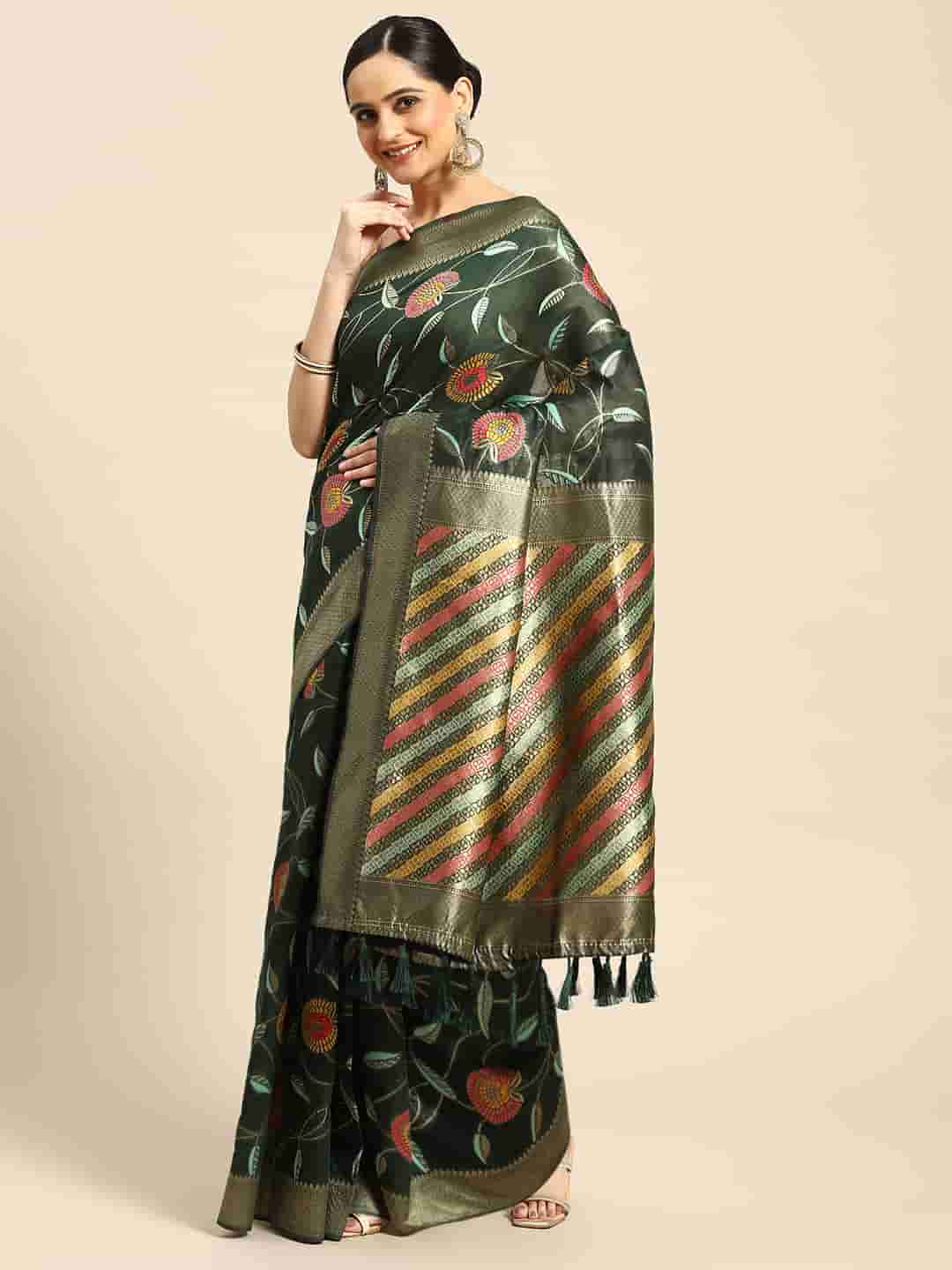 Green Cotton Blend Woven Thread Floral Saree with Unstitched Blouse - Hiral Fashion