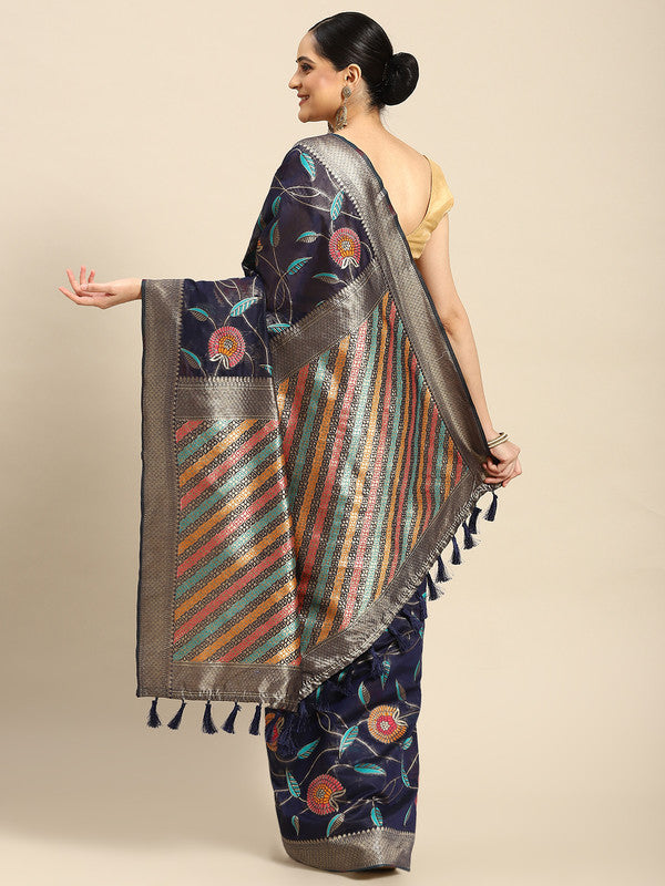 Navy Blue Cotton Blend Woven Thread Floral Saree with Unstitched Blouse - Hiral Fashion
