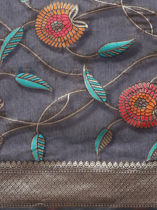 Navy Blue Cotton Blend Woven Thread Floral Saree with Unstitched Blouse - Hiral Fashion
