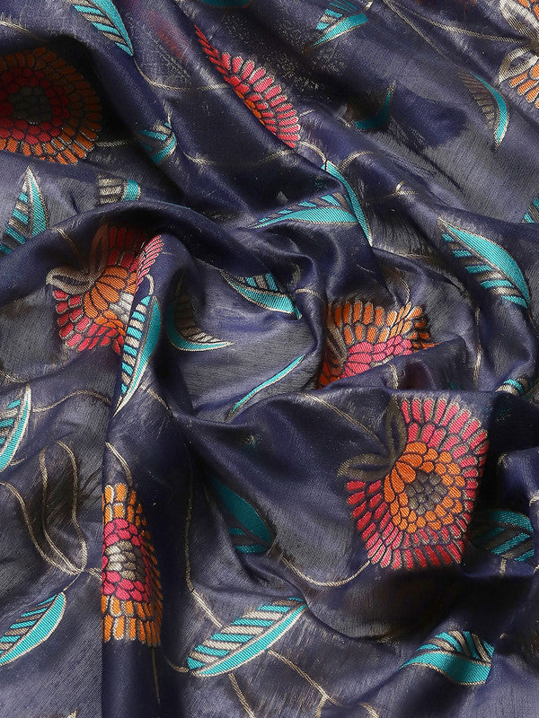 Navy Blue Cotton Blend Woven Thread Floral Saree with Unstitched Blouse - Hiral Fashion