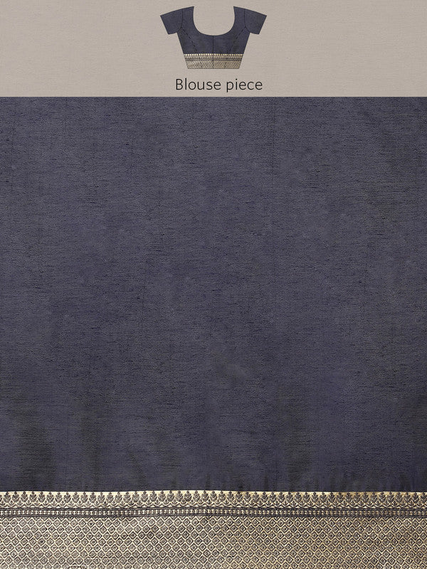 Navy Blue Cotton Blend Woven Thread Floral Saree with Unstitched Blouse - Hiral Fashion