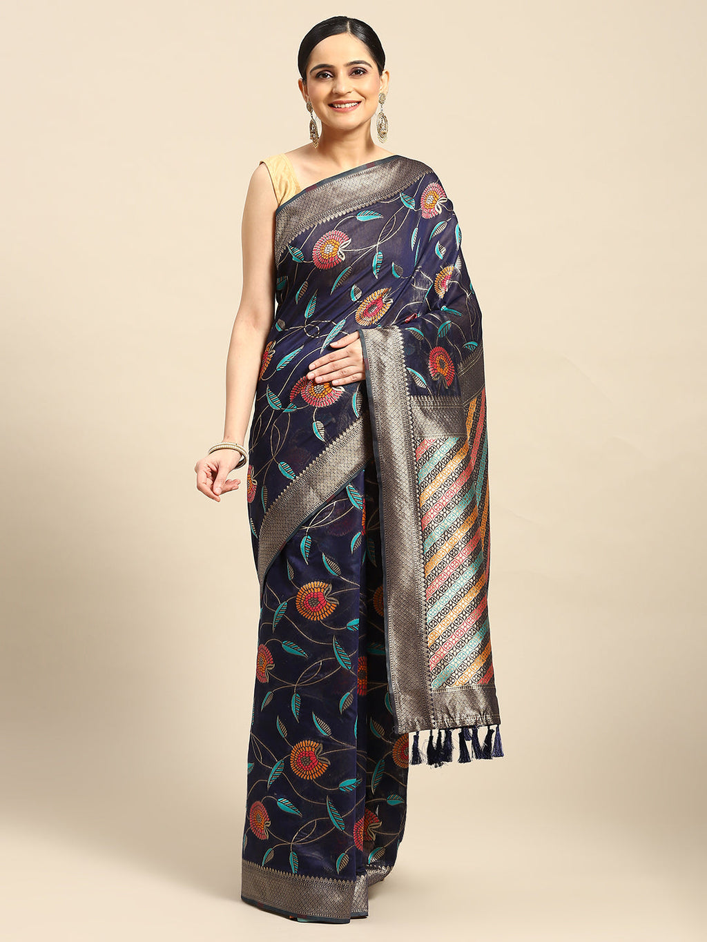 Navy Blue Cotton Blend Woven Thread Floral Saree with Unstitched Blouse - Hiral Fashion