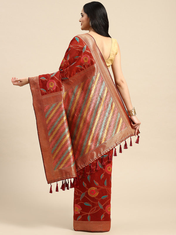 Red Cotton Blend Woven Thread Floral Saree with Unstitched Blouse - Hiral Fashion