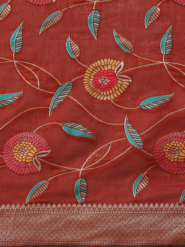 Red Cotton Blend Woven Thread Floral Saree with Unstitched Blouse - Hiral Fashion