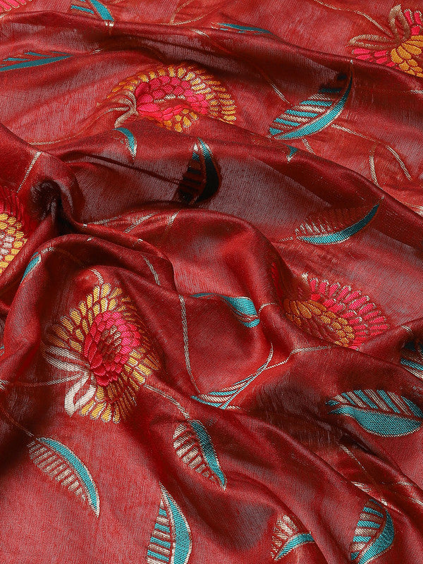 Red Cotton Blend Woven Thread Floral Saree with Unstitched Blouse - Hiral Fashion