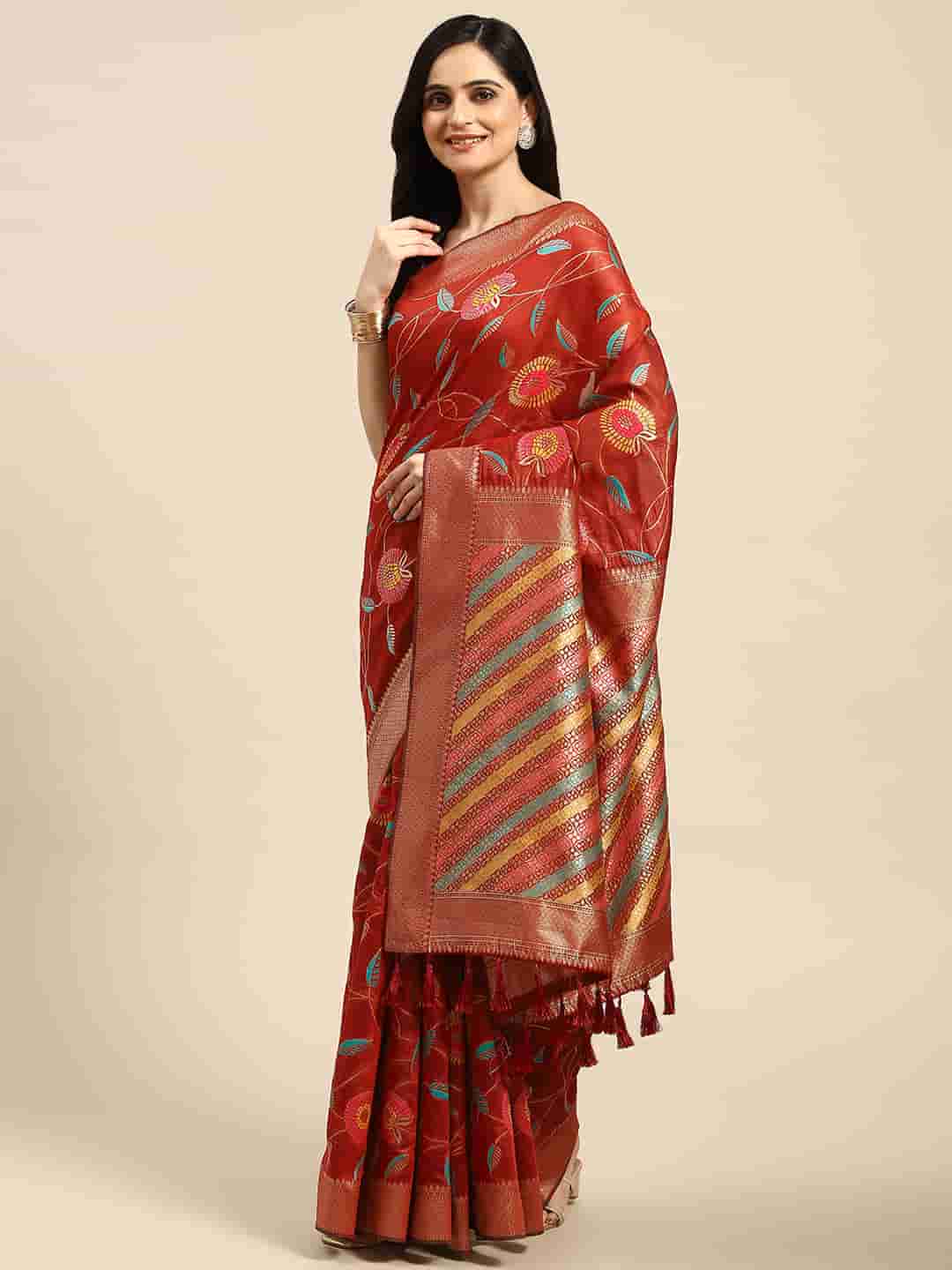 Red Cotton Blend Woven Thread Floral Saree with Unstitched Blouse - Hiral Fashion