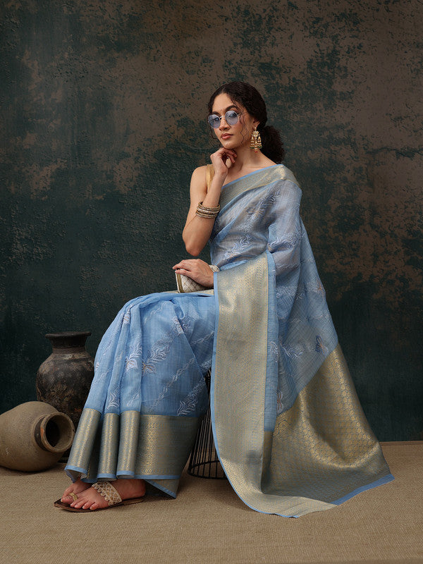 Blue Kota Doria Embroidered Floral Saree with Unstitched Blouse - Hiral Fashion