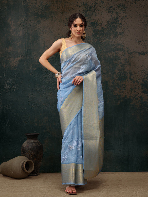 Blue Kota Doria Embroidered Floral Saree with Unstitched Blouse - Hiral Fashion