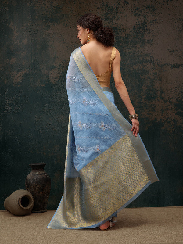 Blue Kota Doria Embroidered Floral Saree with Unstitched Blouse - Hiral Fashion