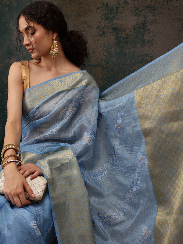 Blue Kota Doria Embroidered Floral Saree with Unstitched Blouse - Hiral Fashion