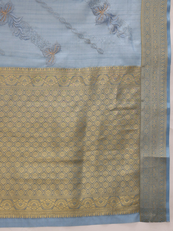 Blue Kota Doria Embroidered Floral Saree with Unstitched Blouse - Hiral Fashion