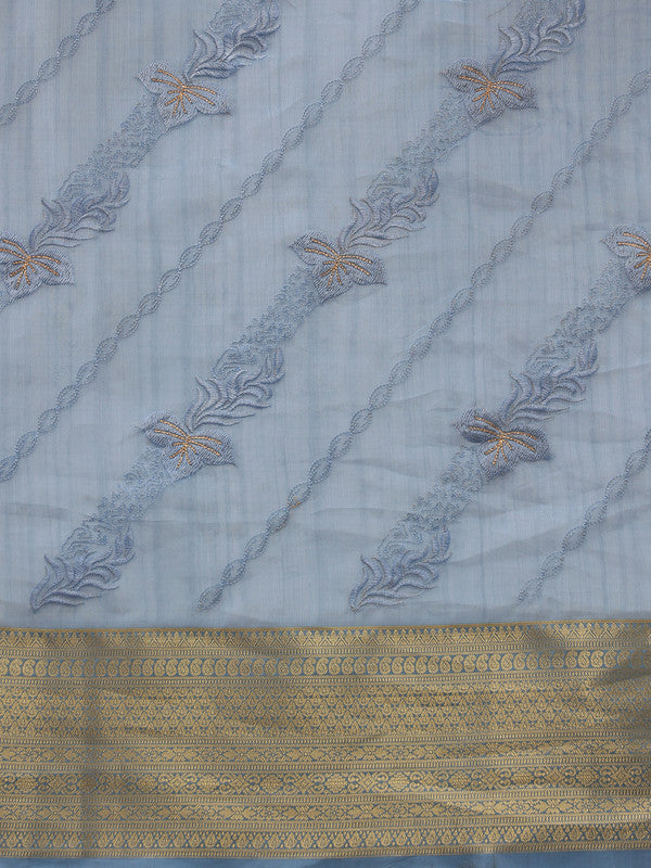 Blue Kota Doria Embroidered Floral Saree with Unstitched Blouse - Hiral Fashion