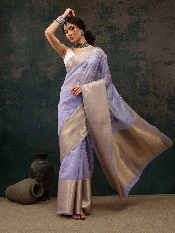 Lavender Kota Doria Embroidered Floral Saree with Unstitched Blouse - Hiral Fashion