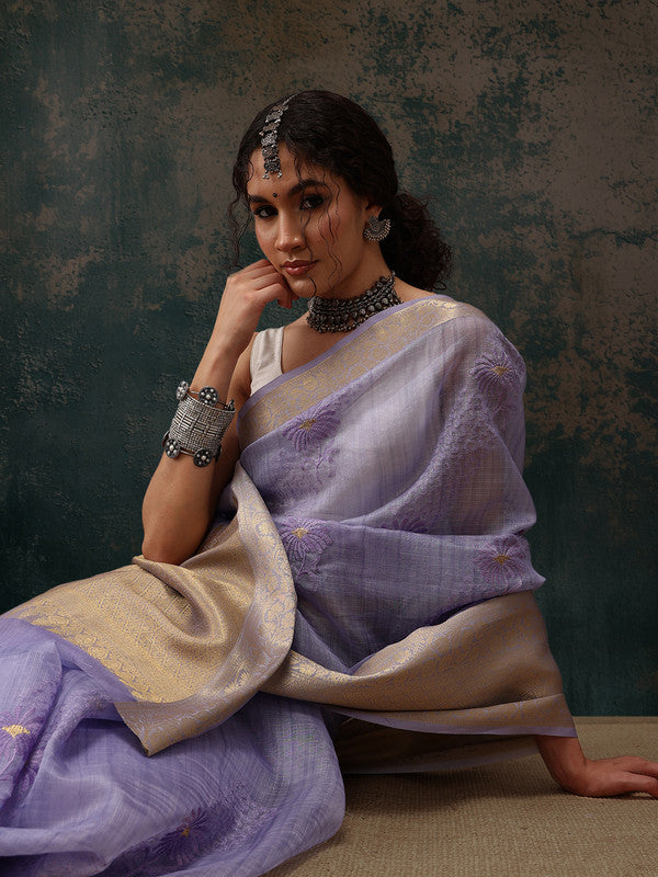 Lavender Kota Doria Embroidered Floral Saree with Unstitched Blouse - Hiral Fashion