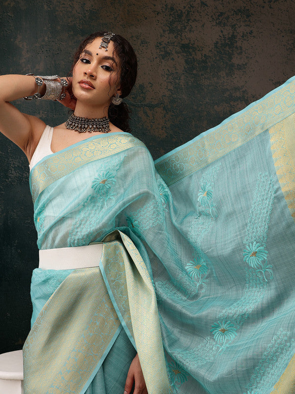 Turquoise Kota Doria Embroidered Floral Saree with Unstitched Blouse - Hiral Fashion