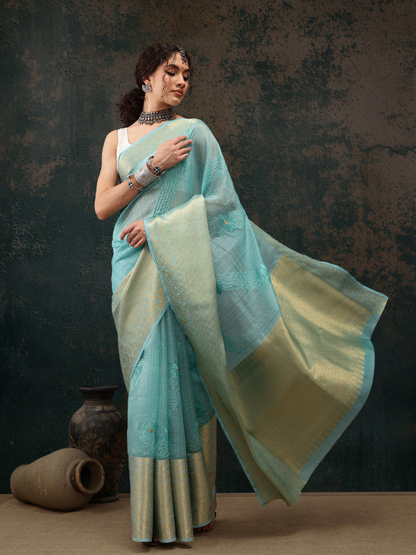 Turquoise Kota Doria Embroidered Floral Saree with Unstitched Blouse - Hiral Fashion
