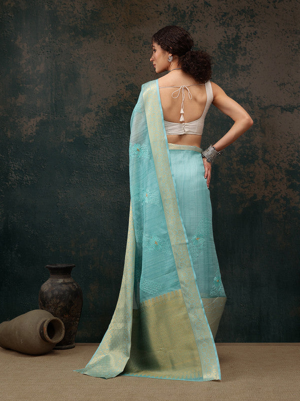 Turquoise Kota Doria Embroidered Floral Saree with Unstitched Blouse - Hiral Fashion