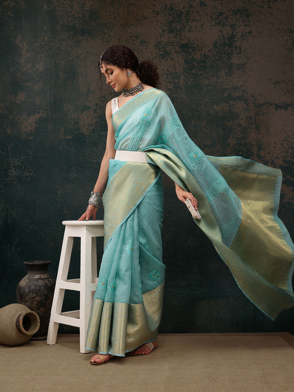 Turquoise Kota Doria Embroidered Floral Saree with Unstitched Blouse - Hiral Fashion