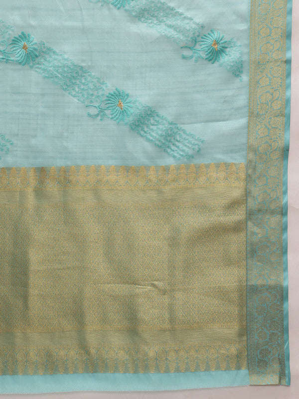 Turquoise Kota Doria Embroidered Floral Saree with Unstitched Blouse - Hiral Fashion