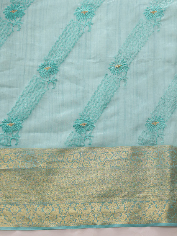 Turquoise Kota Doria Embroidered Floral Saree with Unstitched Blouse - Hiral Fashion