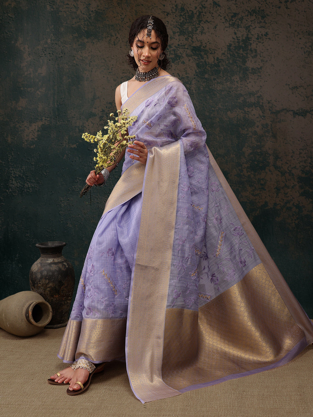 Lavender Kota Doria Embroidered Floral Saree with Unstitched Blouse - Hiral Fashion