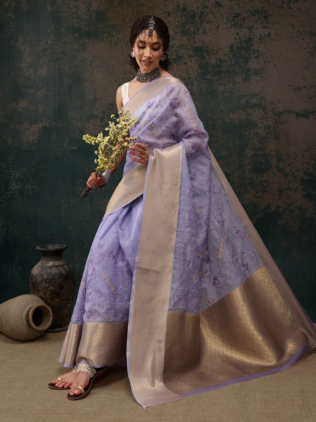 Lavender Kota Doria Embroidered Floral Saree with Unstitched Blouse - Hiral Fashion