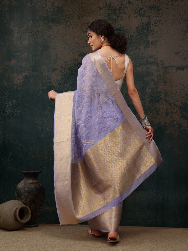 Lavender Kota Doria Embroidered Floral Saree with Unstitched Blouse - Hiral Fashion
